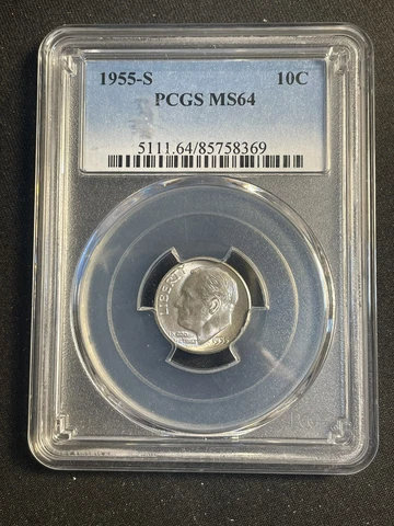 1955-S Roosevelt Silver Dime - 10C - 90% SILVER - PCGS MS 64 (1028/ir) Cover