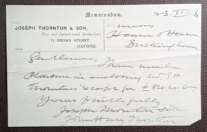 1906 Joseph Thornton & Son Booksellers Oxford Memorandum to Buckingham - Picture 1 of 1