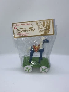 VTG Silvestri Wood Wooden Painted Blue Horse On Cart w Wheels MIP New 5” - Picture 1 of 2