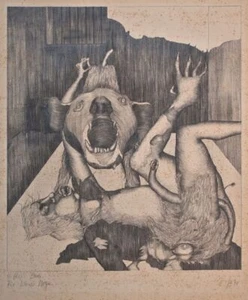Ulrich Zeh Wilburs Ende Hund Frau Surrealismus signiert Bleistift Zeichnung 1972 - Bild 1 von 3