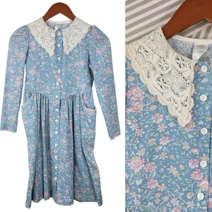 Vtg Peaches n Cream Girls Dress Floral Blue Lace Collar Pleated Skirt Size 10 - Picture 1 of 7