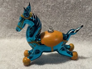 Vintage De Carlini Blown Glass Horse Blue Orange 4” Christmas Ornament Italy - Picture 1 of 5