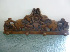 Appendiabiti/Appendiabiti da parete in legno intagliato a mano design 2 elefanti (uso leggero - Foto 1 di 8