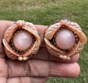 Vintage Blume Ohrringe Pink Cab Jelly Bauch Optik Glas silberfarben Clip-On 1,25" - Bild 1 von 9