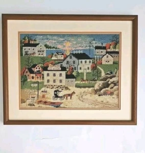 Completed Finished Professional Framed  Cross Stitch Americana New England? Town - Picture 1 of 11