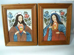 2 religiöse Hinterglasbilder Hinterglasmalerei brennendes Herz Jesu Maria Mariä