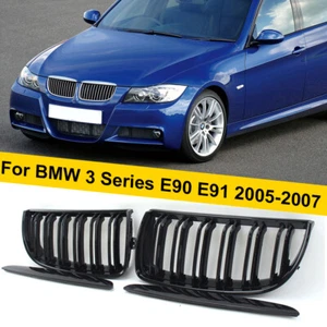 For BMW E90 E91 2005-2007 Gloss Black Front Bumper Kidney Grill Plastic Grille - Picture 1 of 14