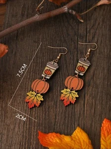 Womens Halloween Autumn Fall Leaf Coffee Pumpkin Drop Earrings Halloween - Picture 1 of 2