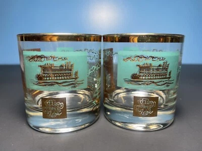 Vintage Pair MCM Libbey Riverboat Steamboat 6oz Whiskey Glasses Turquoise Gold - Image 1 of 4