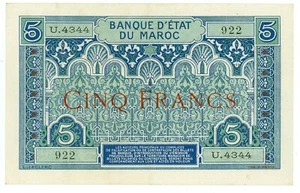 Morocco … P-9 … 5 Francs … ND (1924) … Choice *XF+*. - Picture 1 of 2