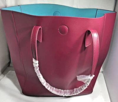 Macy's Dusky 红色带 Aqua 蓝色内部人造皮革大号双手柄托特包 — 第 1/4 张图片