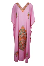 Women's Pink Embellished Maxi Dress Floral Cotton Kimono Caftan Dresses 4XL