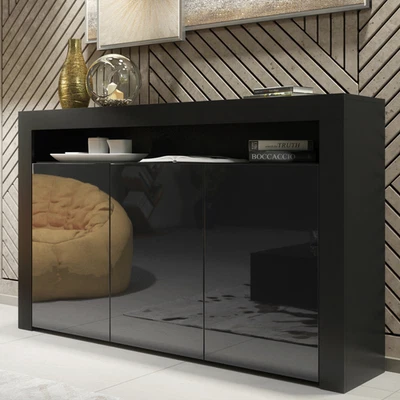 Black Matt Body Black Gloss Doors Sideboard 155cm High Storage Cabinet Modern - Image 1 of 4