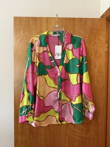Zara Women’s Satin Effect Print Blouse Top Shirt NWT Groovy Art Colorful XXL - Bild 1 von 13