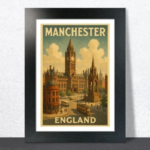 Póster de viaje de Manchester, Inglaterra. Impresión de arte de pared - Imagen 1 de 7