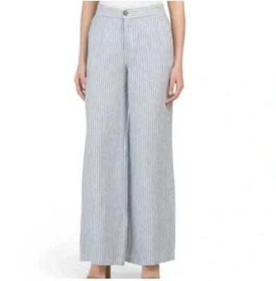Pantalones de pierna ancha 100 % lino Tahari nuevos con etiquetas para mujer talla 10 azul a rayas Beach Resort Foto 1 de 4