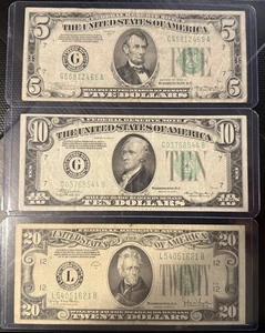 3 PC LOT - 1934 $5 $10 $20 Bill Notes FRN LIME GREEN - Picture 1 of 2