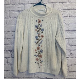 ALFRED DUNNER Damenpullover cremefarben Zopfmuster bestickt Blumen Stehkragen XL - Bild 1 von 7