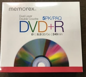 Memorex DVD+R Dual Layer 5PK 8.5GB Brand New Sealed Package. - Picture 1 of 3