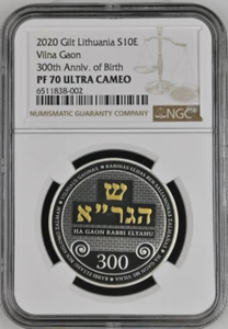 2020 Gilt Lithuania S10E Vilna Gaon 300th Ann. of Birth Coin NGC PF 70 UC BX3-28 - Picture 1 of 2
