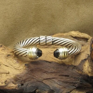 David Yurman Twisted Sterling Silver & 14KT Cable Smoky Quartz Hinged Cuff - Picture 1 of 5