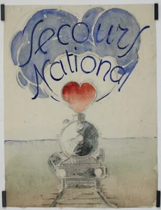 Secours National - Chemin de Fer Circa 1940 Gouache Guerre 39-45 Humanitaire - Picture 1 of 1