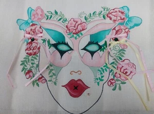 Vintage Handpainted Needlepoint Canvas Masquerade Mardi Gras Mask 15x15 w/Floss - Picture 1 of 11