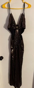 Women Halston" brown/ bronze sequin, sleeveless, open sides long gown. Size 12 - Picture 1 of 2