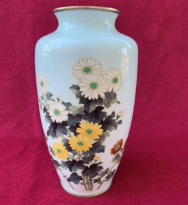 Vintage Japanese Cloisonne Blue Vase Flowers 8.5" tall - Picture 1 of 12