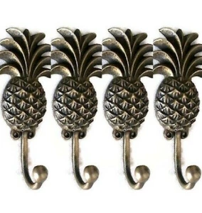 4 small PINEAPPLE COAT HOOKS solid age brass old vintage old style 13 cm hook B - Picture 1 of 12