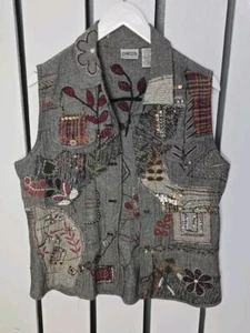 Chico's Art to Wear Embroidered Floral Patchwork Sequins Herringbone Vest 1 Med - Picture 1 of 10