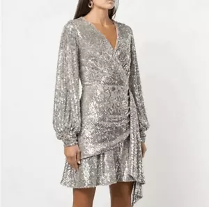 Sachin & Babi NWT Silver Sequin Delaney Mini Dress Size 2 Mock Wrap Sparkle Prom - Picture 1 of 6