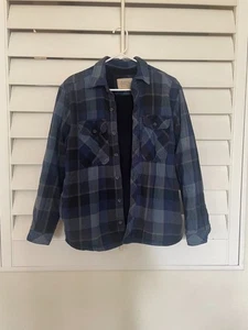 Boston Traders Jacket Men's M Button Up Sherpa Fleece Lined Shacket Plaid Blue - Picture 1 of 4