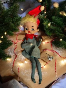 1950er Vintage 8" Pixie Weihnachtselfe mit blonden Haaren Puppe großer Kopf handbemalt - Bild 1 von 10