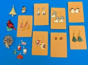 Lot of Christmas Holiday Jewelry Earrings Brooches Stockings Snowmen Angel - Picture 1 of 18