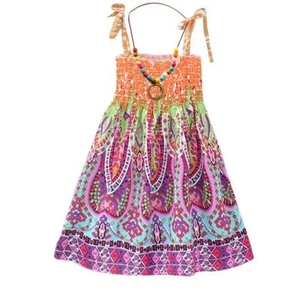 Girls bohemian smocked sleeveless dress necklace colorful lightweight Size 4 - Picture 1 of 3