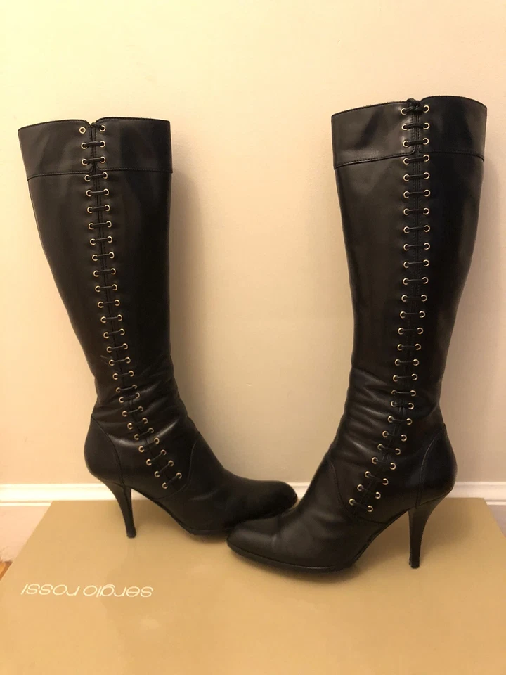 Sergio Rossi Knee High Boots EU 37.5 Stiletto Heels Black Leather Zip ITALY - Image 1 of 4