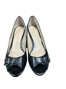 Lauren Ralph Lauren Women's 7B  Black Gold Buckle Peep Toe Leather Heel Shoes - Picture 1 of 13