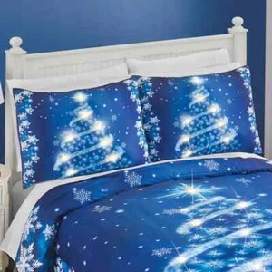 Set of 2 LED Lighted Blue Christmas Tree & Snowflakes Pillow Shams - Picture 1 of 2