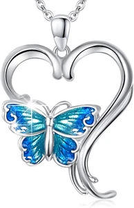 Blue Butterfly Heart Pendant Necklace 925 Sterling Silver Jewelry Gift for Women - Picture 1 of 6