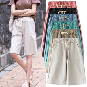 Women's High Waisted Casual Summer Comfy Elastic Waist Knee Length Cotton Shorts - Picture 1 of 16