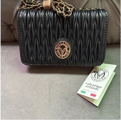 New VALENTINO ORLANDI Wavy Quilted Black Crossbody Gold Chain Purse Bag NWT $99 - Image 1 of 4
