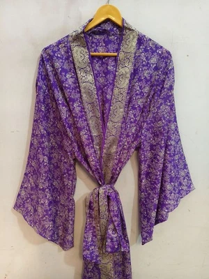 Bata de baño de lujo estampada talla libre vestido largo sari seda kimono L-334 Foto 1 de 4