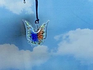 Vintage Jewelry Murano style Art glass BLUE/ORANGE BUTTERFLY NECKLACE 0 - Picture 1 of 2