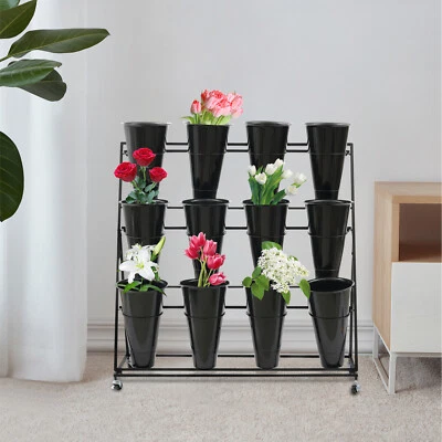 Flower Display Stand - 12 x Buckets 3 Layers Metal Plant Stand with Wheels Black - Image 1 of 4
