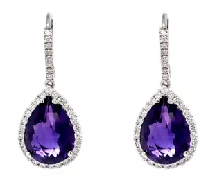 1.70ct Natural Round Diamond 14K White Gold Amethyst Anniversary Hoop Earrings - Picture 1 of 4