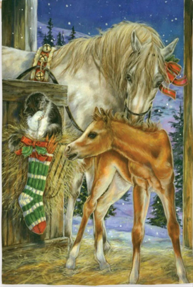 NEW LARGE EVERGREEN FLAG FOAL'S FIRST CHRISTMAS MARE HORSE CAT  29 X 43 - Image 1 of 1