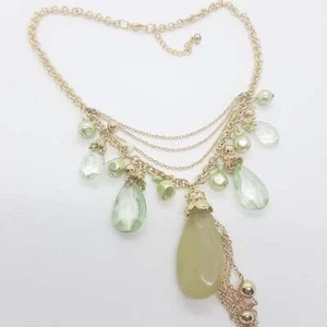 yellow gold tone charms necklace with GREEN pendants - Picture 1 of 1