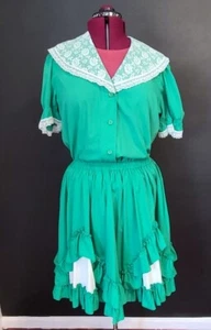 Dress VTG HANDMADE Line Square Dancing Western Rockabilly Ruffle Green 2 Piece - Picture 1 of 7
