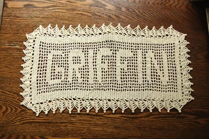 ANTIQUE CROCHET "GRIFFIN" NAME WHITE HAND CRAFTED 18" X 9" 70+ YEARS OLD - Picture 1 of 2